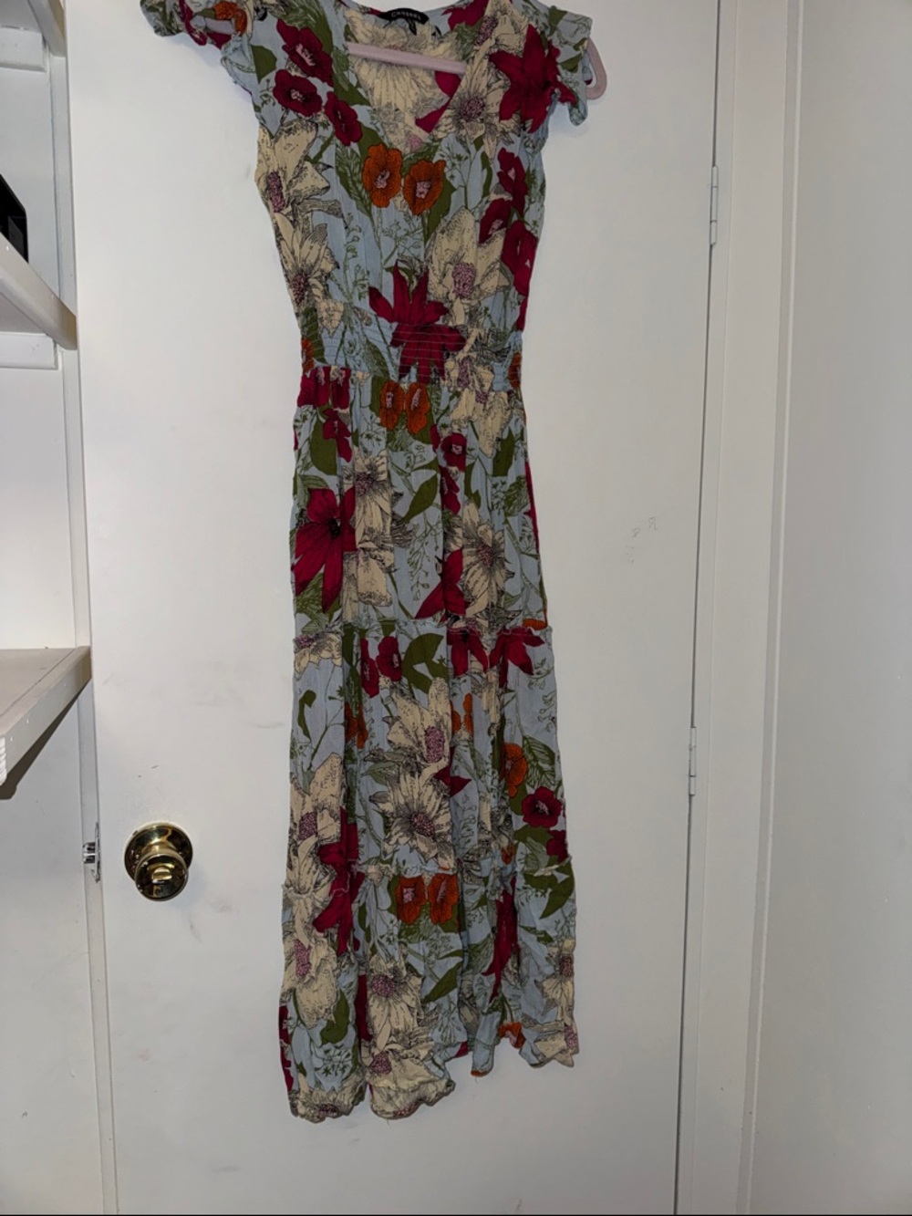Light Blue Floral Tiered Maxi Dress with Red & Green Accents